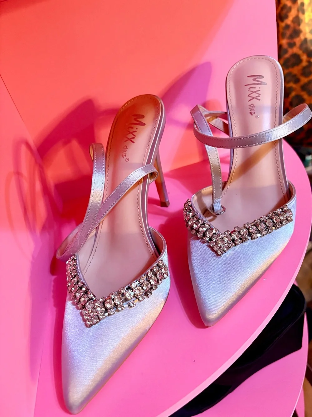 Fashion Nova Silver Rhinestone Strap Heels